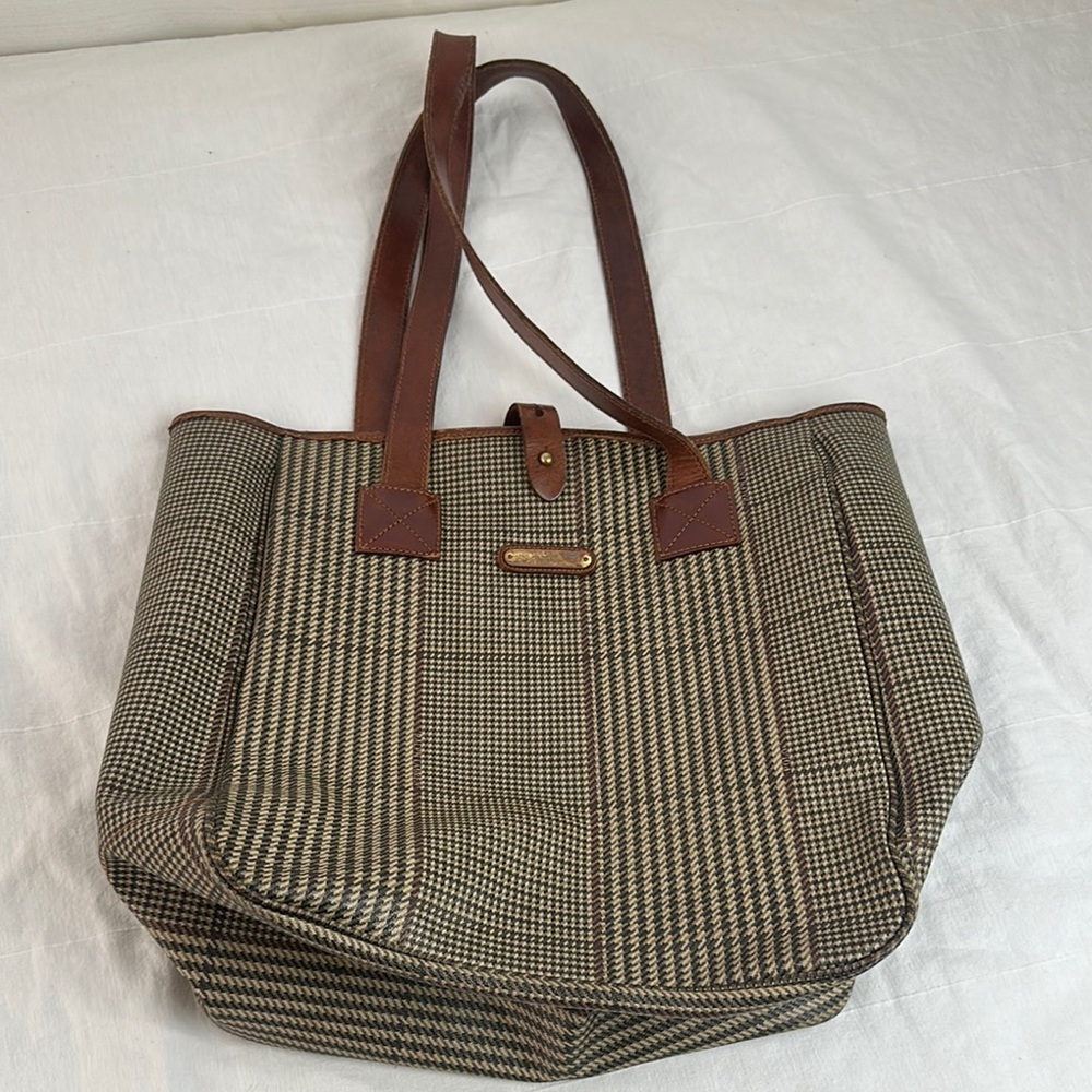 Polo Stylish Plaid Tote Bag with Brown Straps